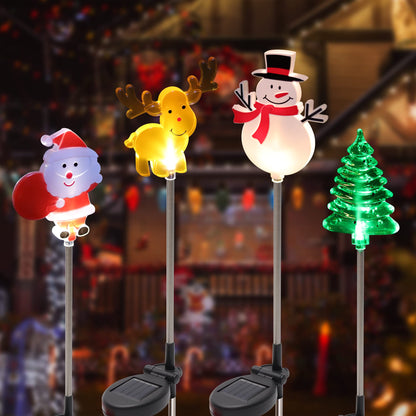 Glintoper 4 Pack Solar Christmas Figurine Lights, Outdoor Lighted Decorative Santa Claus, Snowman, Xmas Tree & Reindeer with Garden Stakes, Warm White LED Lighting Yard Stake for Path Lawn Patio Decor