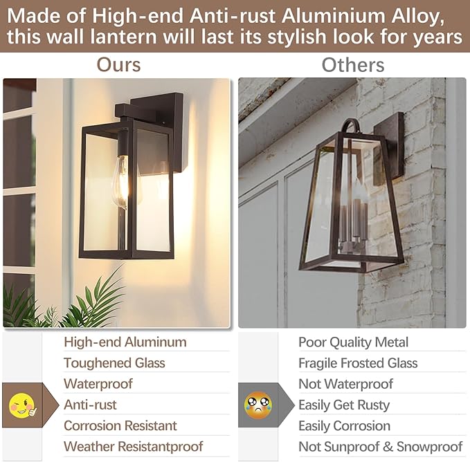 MAXvolador Outdoor Wall Sconce, Exterior Waterproof Wall Lantern Light Fixture, Dark Chocolate Porch Light Glass, Anti-Rust E26 Patio Lighting, 2 Pack