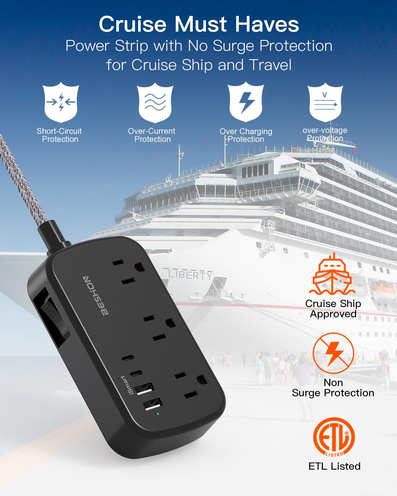 Flat Extension Cord, BESHON 5FT Flat Plug Power Strip with USB C, 6 Outlets 4 USB Port(2 USB C), No Surge Protector, Cruise Ship, Dorm Room Travel Essentials