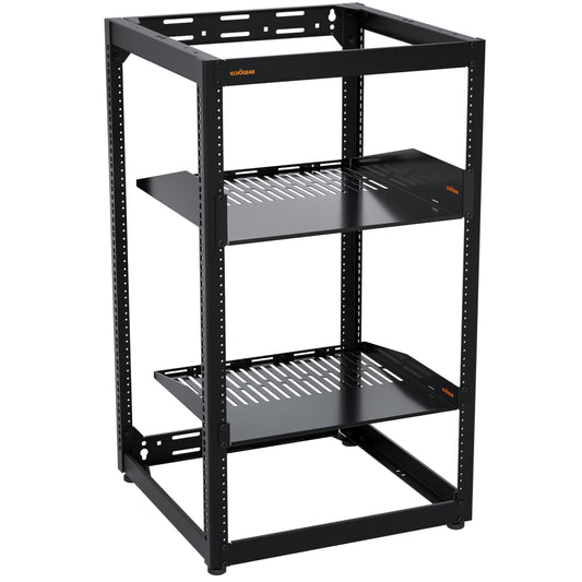ECHOGEAR 20U Open Frame Rack for Servers & AV Gear - Wall Mountable Design Includes 2X Vented Shelves, 25x Rack Mounting Screws, 4X Leveling Feet, 4X Shelf Stops, & 2X Securement Straps