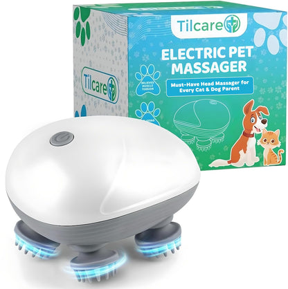 Handheld Pet Massager for Dogs and Cats by Tilcare - Electric Massage Tool - Head and Back Scratcher for Relieving Tension with Four Rotating Massage Heads