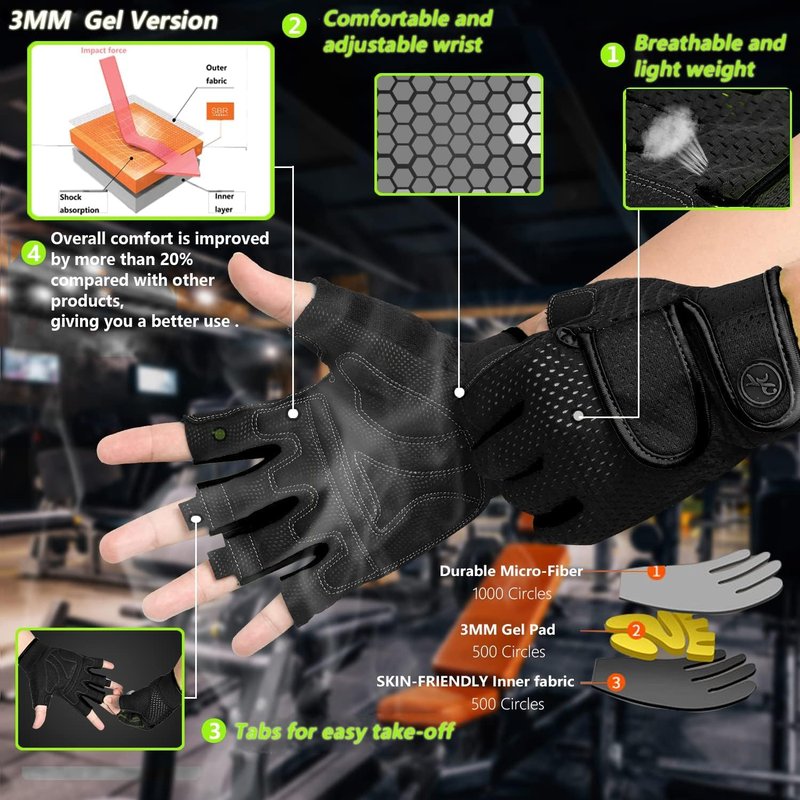 MOREOK Workout Gloves Padded Weight Lifting Gym Fitness Gloves for Men/Women Black-L