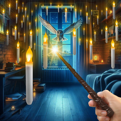 Veol Flameless Floating Candles with Wand Remote 12 PCS, Magic Deco, Hanging with Remote, Battery Operated 6.5" LED Candle, Christmas & Halloween Decorations
