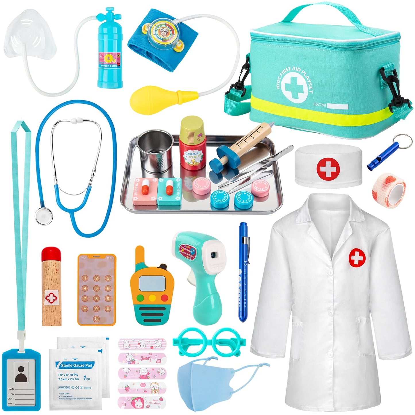 Sundaymot Kids Doctors Wooden Kit, 34 Pcs, with Real Stethoscope, Portable Doctors Bag, Pretend Role Play Medical Kit Toys for 3-6 Year Old Toddlers