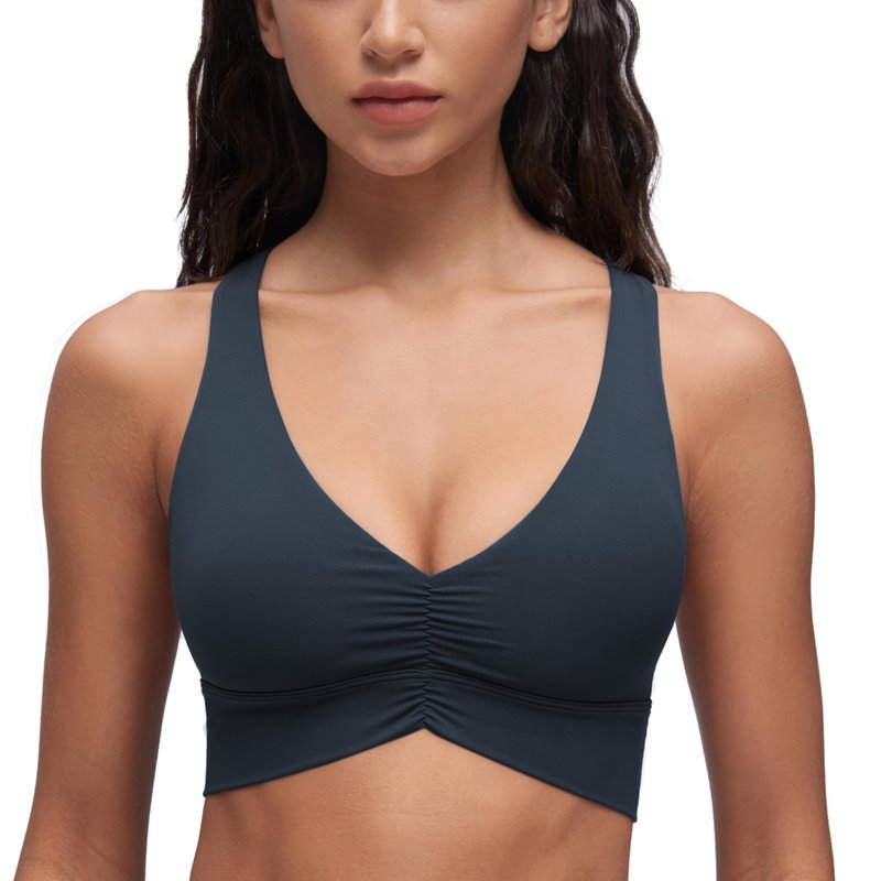CRZ YOGA Butterluxe Ruched Longline Sports Bras for Women - V Neck Padded Yoga Tank Wide Straps Cross Back Crop Tops True Navy Small