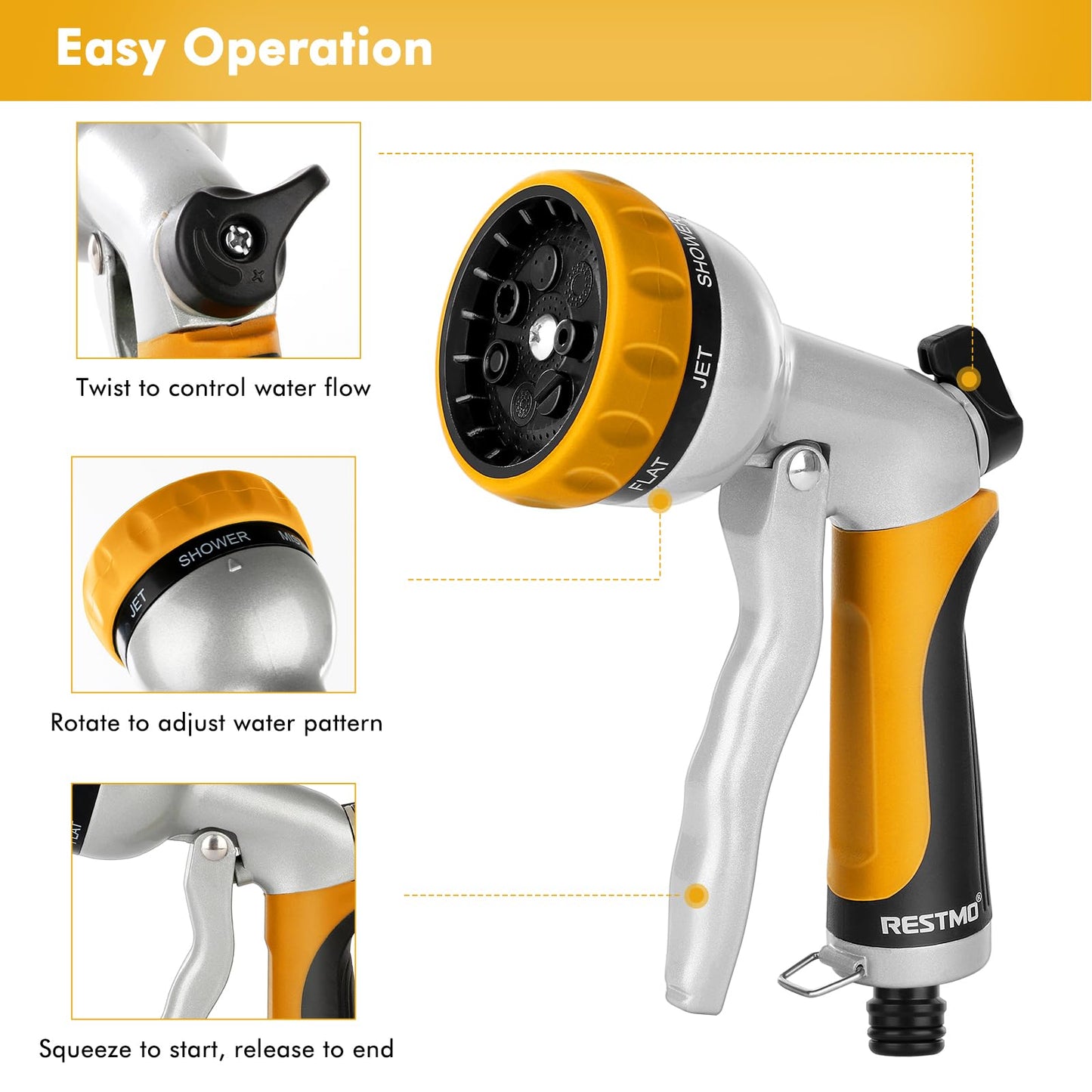 RESTMO Hose Pipe Spray Gun, Heavy Duty Garden Hose Spray Gun, High Pressure Hose Nozzle, Metal Hand Sprayer with 7 Patterns and Water Flow Control, Ideal to Water Plant & Lawn, Wash Car & Pet, Yellow