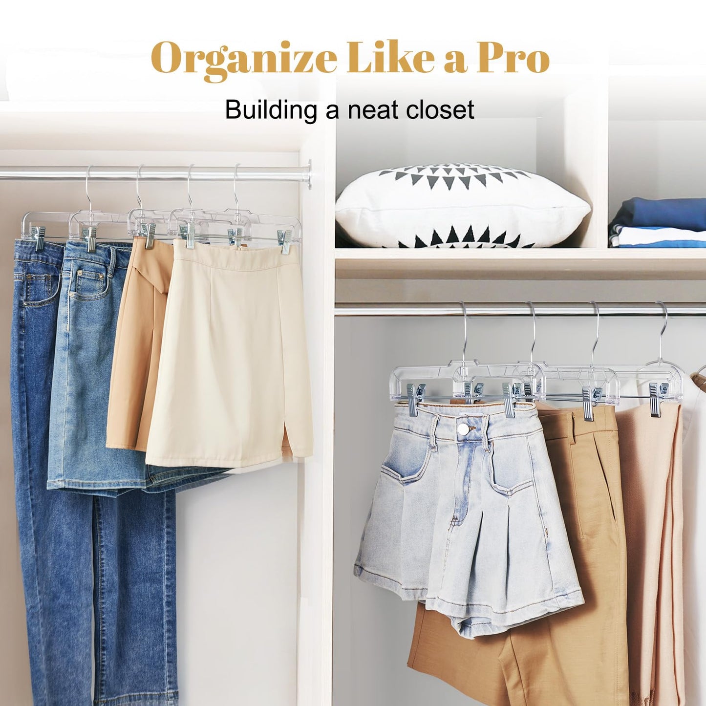 HOUSE DAY 12 Pack 14 inch Clear Plastic Skirt Hangers with Adjustable Clips, Pants Hangers 360-Rotating Swivel Hook, Clip Hangers for Pants, Trousers, Skirts, Jeans, Bulk Plastic Hangers