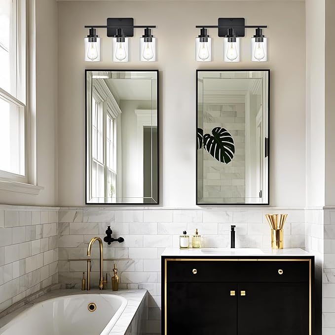 Bathroom Vanity Light,3-Light Modern Black Bathroom Light Fixtures with Clear Glass Shade,Wall Lamps for Living Room,Bath Vintage Wall Mounted Lights for Mirror,Bedroom