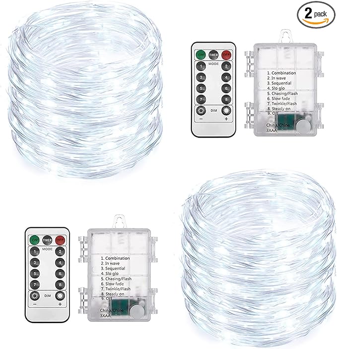 2 Pack Total 200 LED Fairy Lights Battery Operated String Lights with Remote & 8 Modes, 33FT Waterproof Copper Wire Battery Powered Twinkle Lights for Outdoor Christmas Parties Decoration White