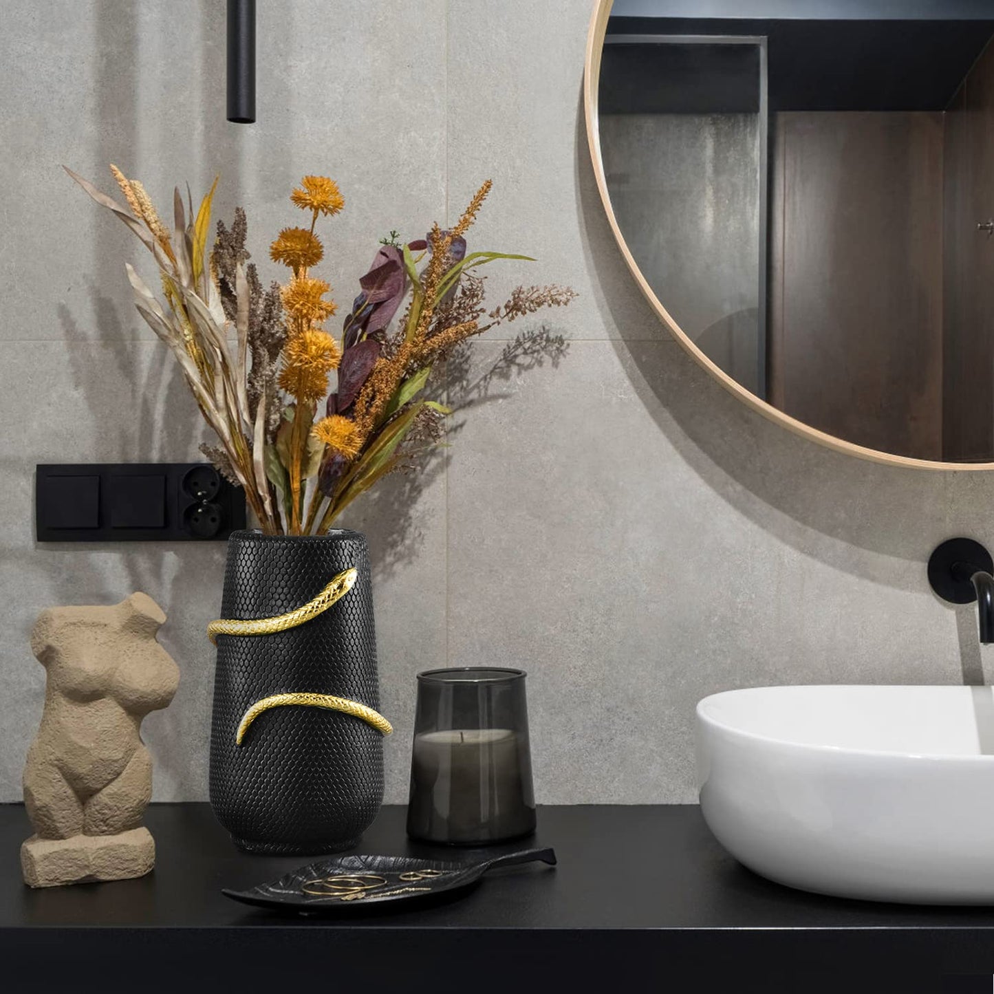 Black Flower Vase Home Decor, Halloween Decor Indoor, Unique Black Vase for Bookshelf Fireplace Bedroom Kitchen Living Room Table Centerpieces Office Desk,Boho Vase, 8" Tall