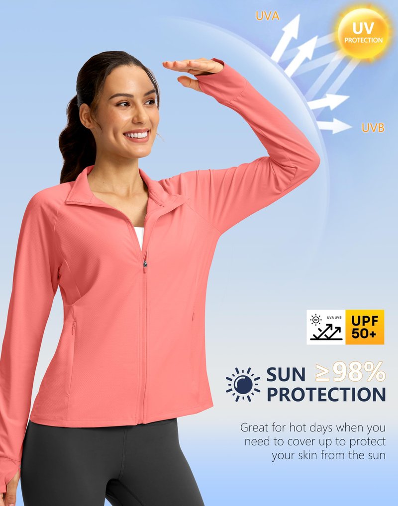 G Gradual Women's UPF 50+ Lightweight Athletic Jacket Sun Protection Zip Up 4 Pockets Long Sleeve Shirts Workout Running, Pink Coral, M