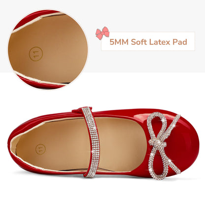 K KomForme Girl's Bow Mary Jane Dress Shoes Ballet Princess Flats with Rhinestone Strap for Party Wedding School, Toddler/Little Kid/Big Kid Red