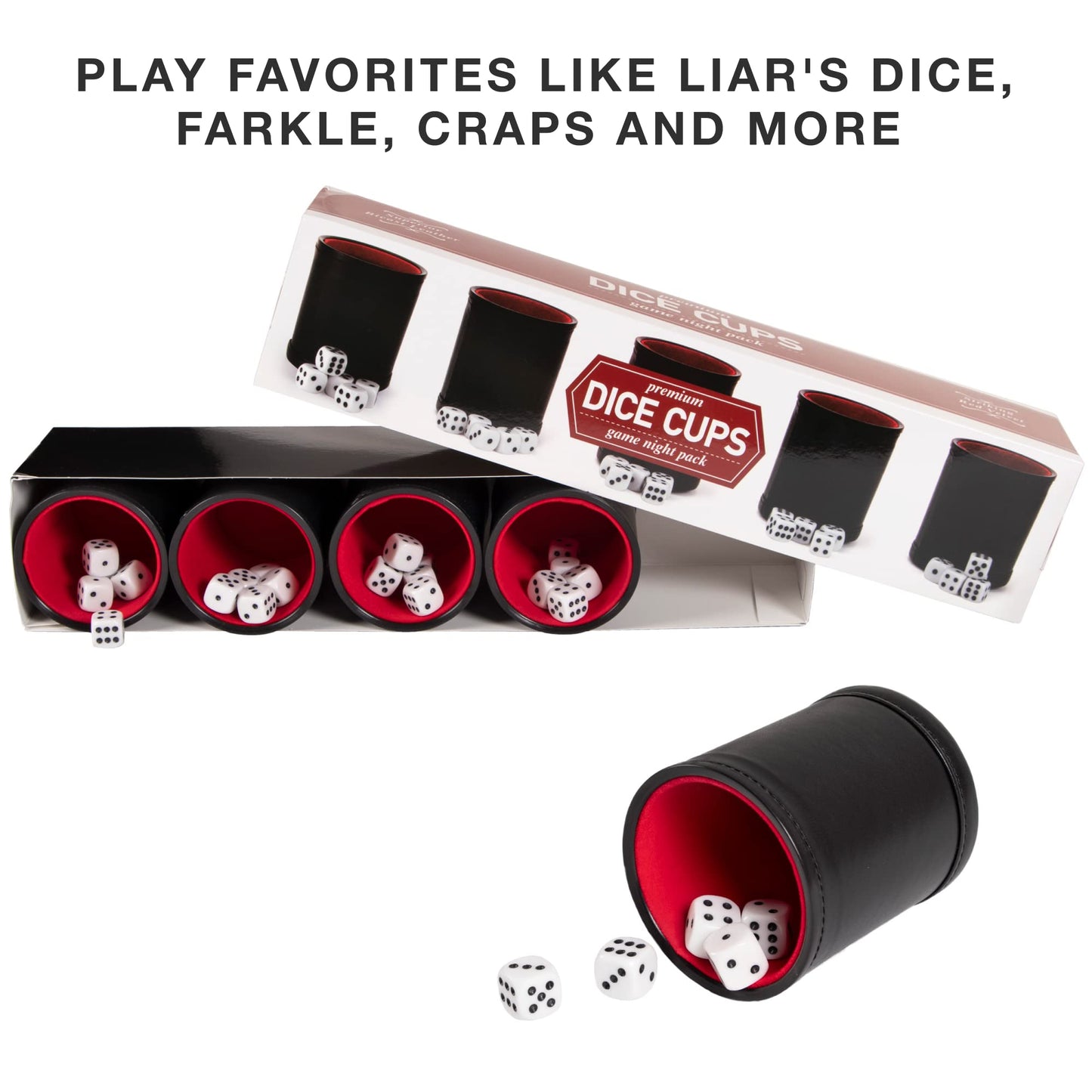 Brybelly Dice Set with Dice Shaker Cup - Perfect for Casino Dice Game for Family Leather - Poker Dice Shaker - 5 Red Lined Dice Cups and 25 Dice Sets