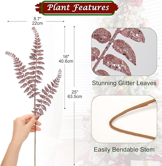 DILATATA 6Pcs Christmas Glitter Leaves Boston Fern Leaves 25" Artificial Rose Gold Fern Leaf Picks Sprays Giltter Stems for Christmas Tree DIY Xmas Wreath Garland Home Decor - Rose Gold