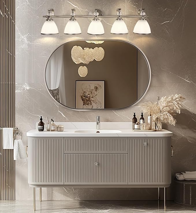 ANDY STAR Bathroom Lighting Fixtures, 5-Light Brushed Nickel Vanity Light with Milky Glass Shade, 35" Large Vanity Lights for Bathroom, E26 Socket, for Mirror, Living Room, Bedroom, Hallway