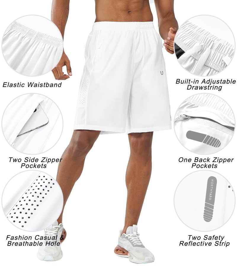 NORTHYARD Men's Athletic Running Shorts Gym Workout 7"/9"/5" Quick Dry Lightweight Sports Basketball Tennis 3 Zipper Pockets White M