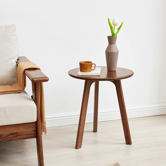 LIFE SKY Round End Table: Modern Solid Oak Wood Side Table with Three-Leg Design - Compact Balcony Plant Stand for Small Spaces & Urban Apartments