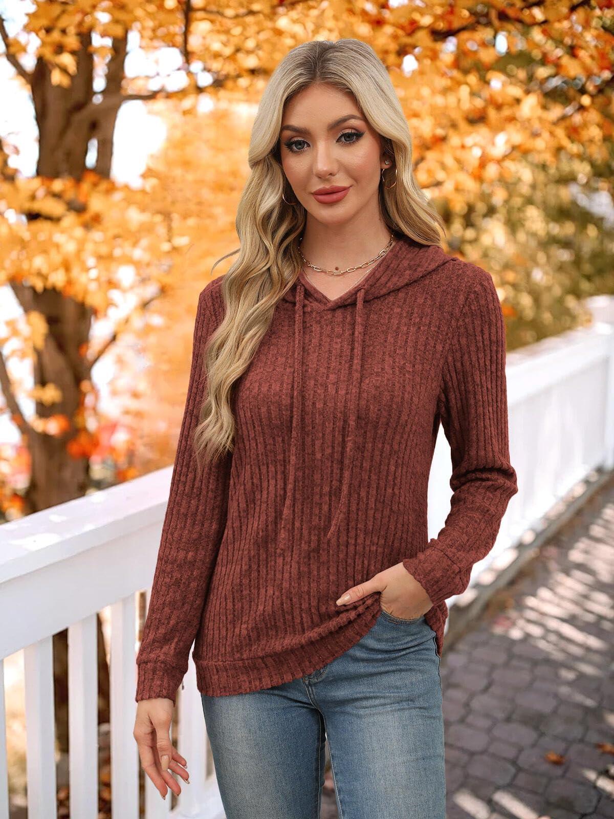 Womens Sweaters Early Fall Fashion Clothing 2025 Long Sleeve Shirts for Women Blouses Dressy Casual Hoodies Cute Tops Trendy Sweatshirts Christmas Holiday Halloween Outfits Winter Clothes Caramel L