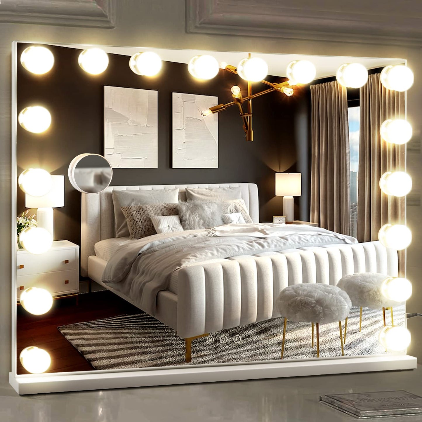 M MIVONDA Hollywood Vanity Mirror with Dimmable 15LED Bulbs Lights 3 Lighting Modes 2in1 Large Lighted Makeup Mirror for Desk and Wall with Plug-in and USB Charger Port