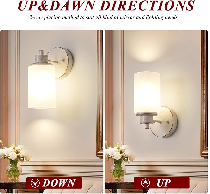 3 Pack Indoor Wall Sconces Lighting, Wall Mounted Bath Vanity Light Fixtures with White Frosted Glass Shade, White and Gold Color Bathroom Wall Lights for Bedroom Entryway