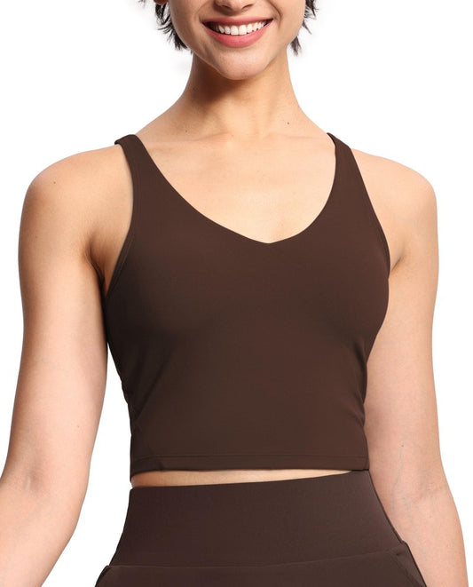 Women’s Longline Sports Bra Wirefree Padded Medium Support Yoga Bras Gym Running Workout Tank Tops Brown