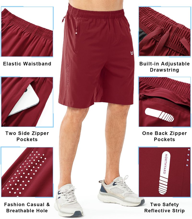 NORTHYARD Men's Athletic Running Shorts Gym Workout 7"/9"/5" Quick Dry Lightweight Sports Basketball Tennis 3 Zipper Pockets WINERED-9inch L