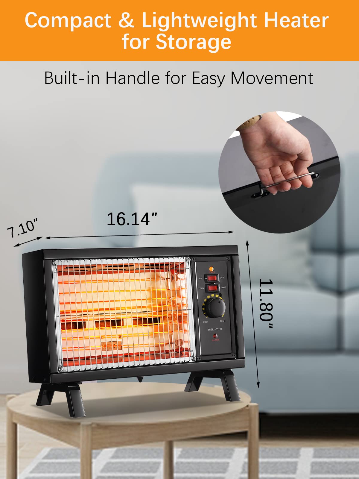 JASUN Portable Space Heater Electric Radiant Heater Fast Heating with Adjustable Thermostat, Portable Indoor Heater with Handle Quiet Energy-Saving 1250W/1500W for Office Home Garage Bedroom Black