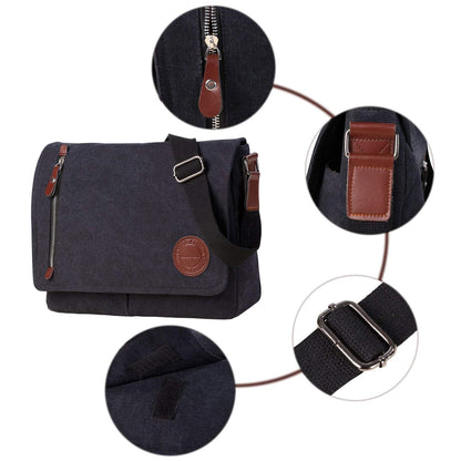 Laptop Bag 14 inch Mens Vintage Casual Fashion Canvas Messenger Bags Briefcase Crossbody Single Shoulder Bag ipad Bag Book Bag Satchel School Bag (Black)
