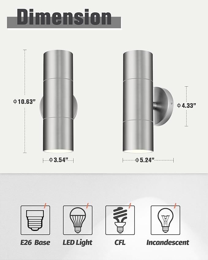 Ken & Ricky Stainless Steel Outdoor Wall Lights, Up Down Exterior Lighting Fixtures, Cylinder Outdoor Sconce Lights, Brushed Nickel Porch Lights for House, KR3305-SS-1PK