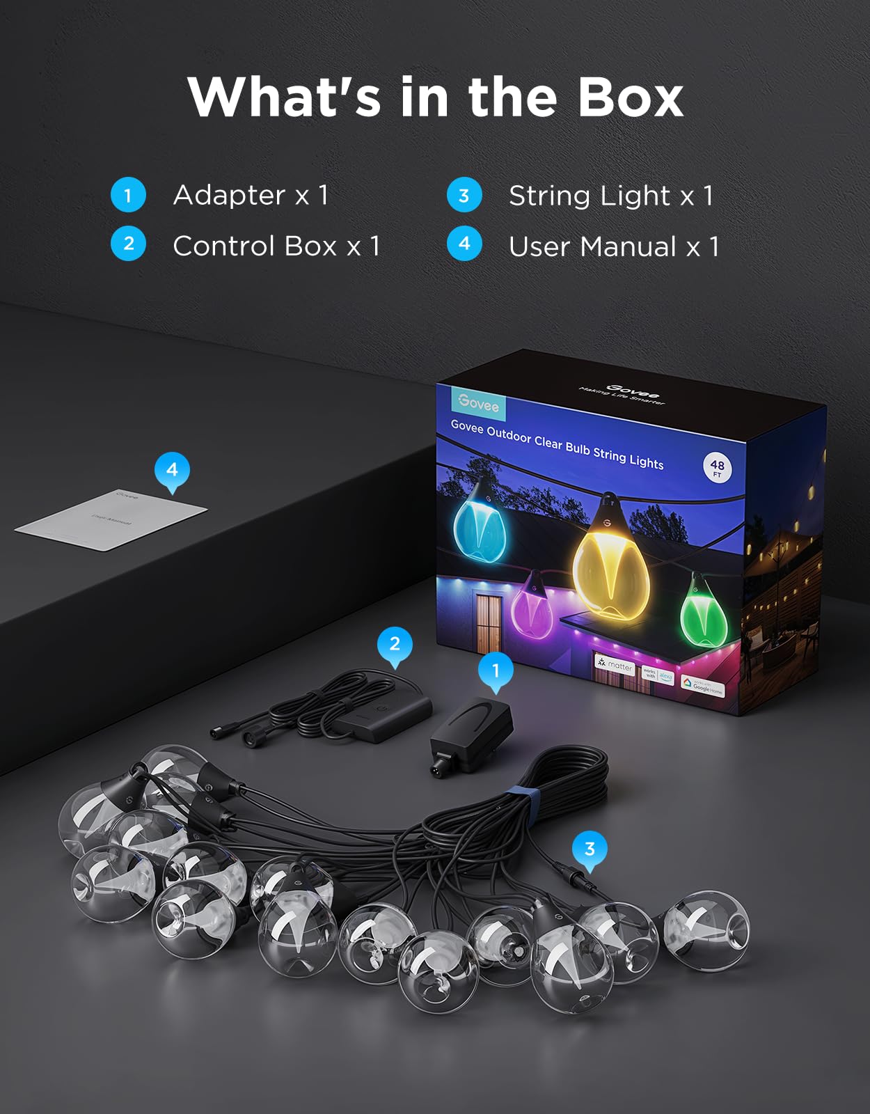 Govee Outdoor Clear Bulb String Lights, 48ft RGBWIC Outdoor Lights with 15 Dimmable Warm White LED Bulbs, 111 Scene Modes for Patio, Backyard, IP67 Waterproof, Works with Alexa, Google & Matter