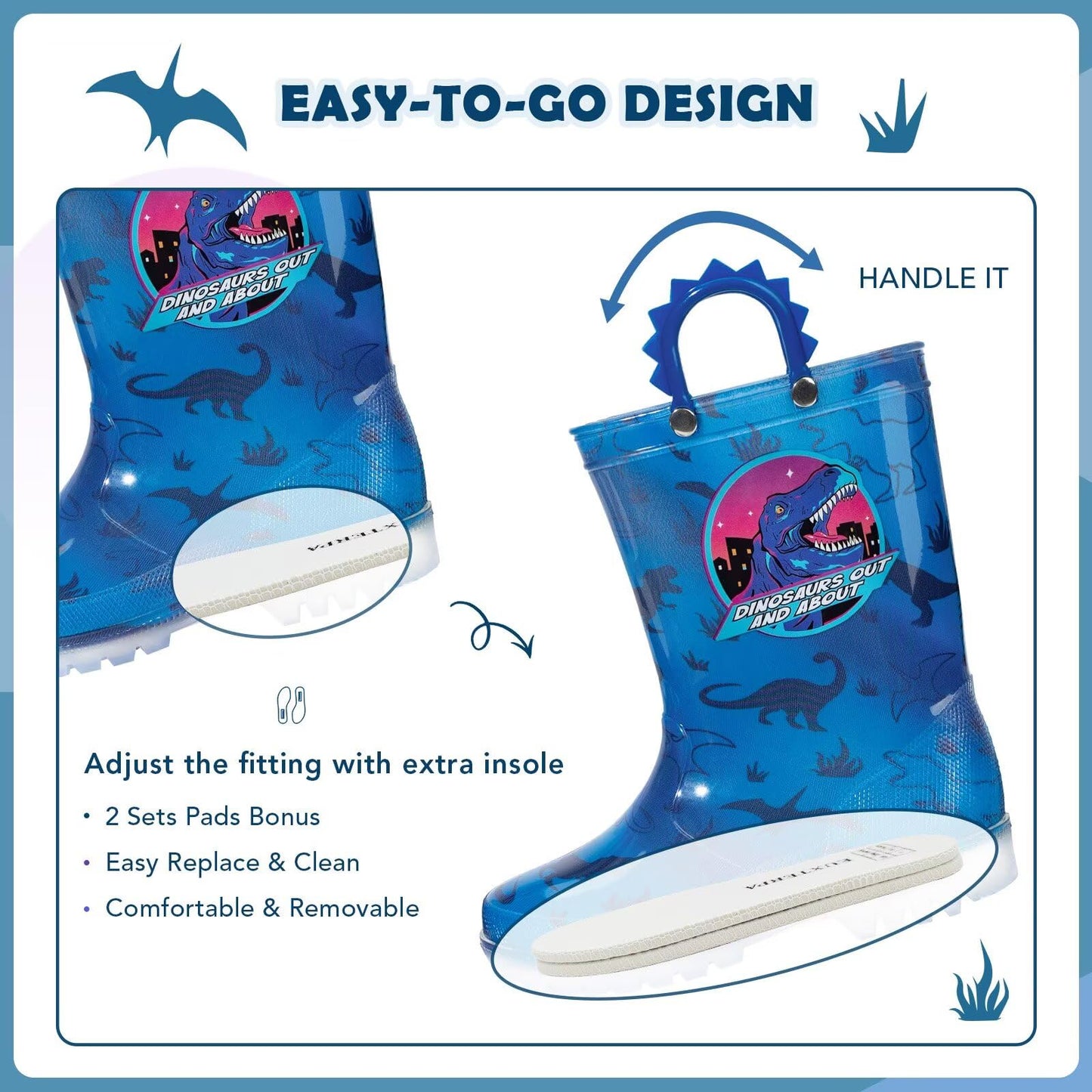 EUXTERPA Light Up Wellies for Boys Girls, Boy Dinosaur Kids Welly Boots Children Wellingtons Waterproof Boots with Handle Size 9 UK Child