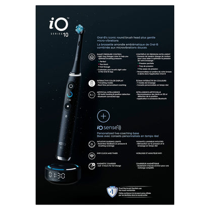 Oral-B iO Series 10 Rechargeable Electric Toothbrush with Visible Pressure Sensor to Protect Gums, 2 Min Timer, 7 Cleaning Settings, 4 Replacement Toothbrush Heads, and Charging Travel Case, Black