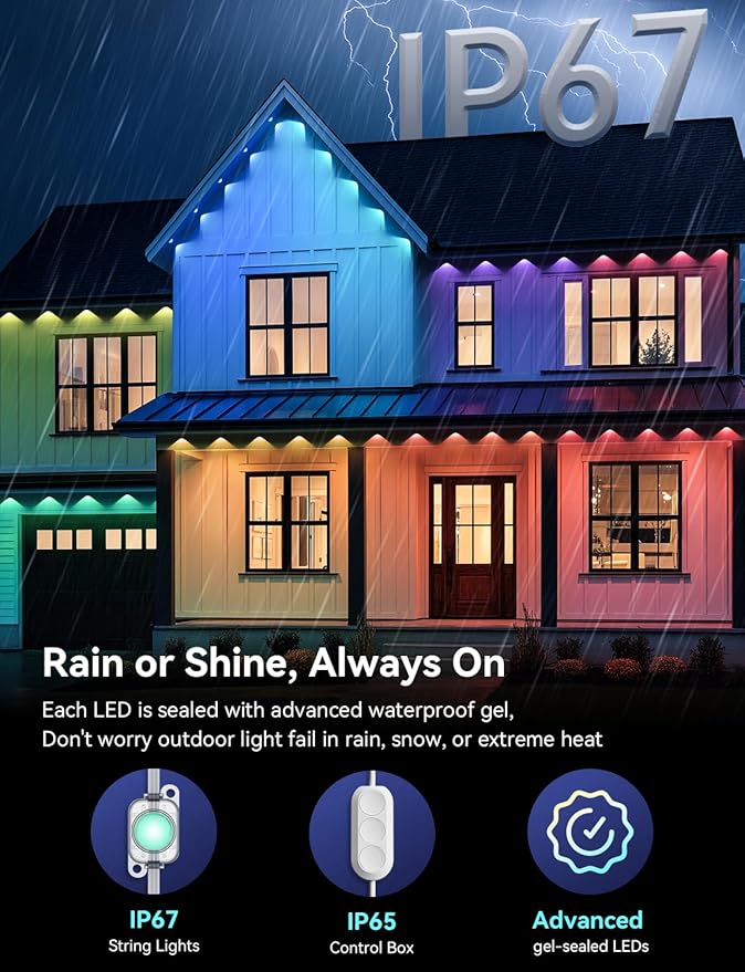 Permanent Outdoor Lights, RGB+IC Smart Outdoor Halloween Lights for House, 400ft with 200 LED, IP67 Waterproof LED Light for Halloween Christmas Decorations, Work with Remote, APP