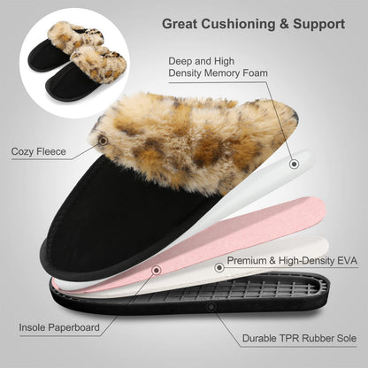 Besroad Fuzzy Fluffy House Slippers for Women Cozy Winter Warm Plush Furry Slides Shoes Black Leopard11.5-12.5