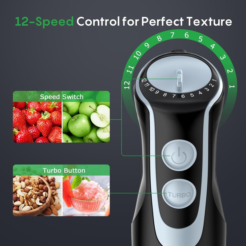 Immersion Blender Handheld, Stainless Steel Hand Electric Stick Mixer with 12-Speeds & Turbo Mode, Powerful 500W Emulsion Blender with Beaker, Chopper & Whisk for Smoothie, Puree, Baby Food