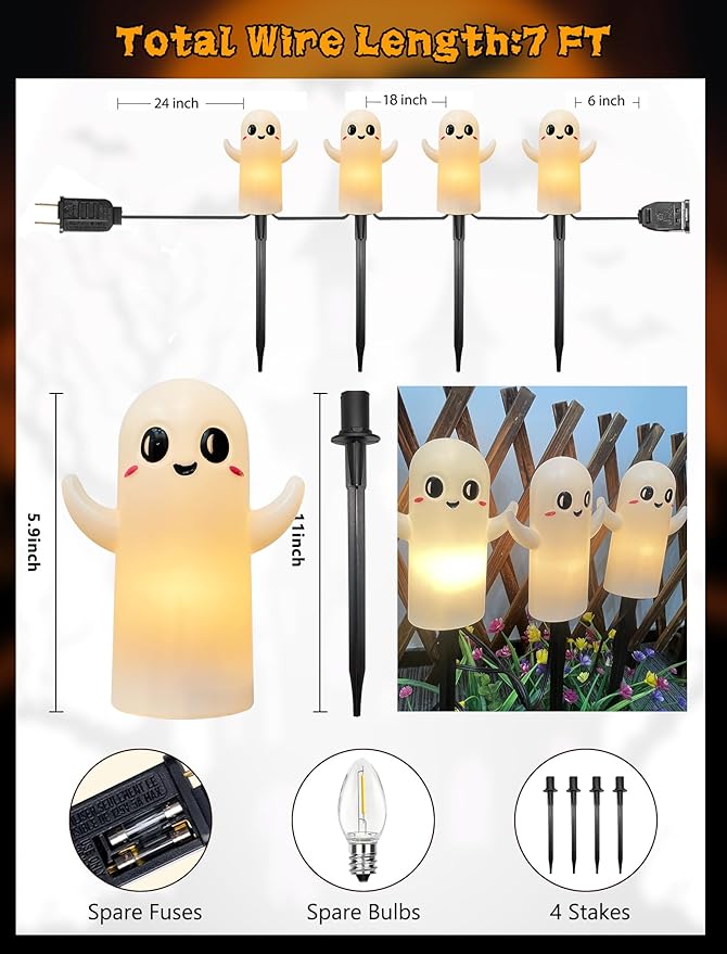 4 Pack Halloween Ghosts Pathway Marker Lights, 7Ft Outdoor Halloween Pathway String Lights with 4 White Ghost Stakes Lights, Extendable Walkway Lights Waterproof for Yard Porch Lawn Sidewalk Garden