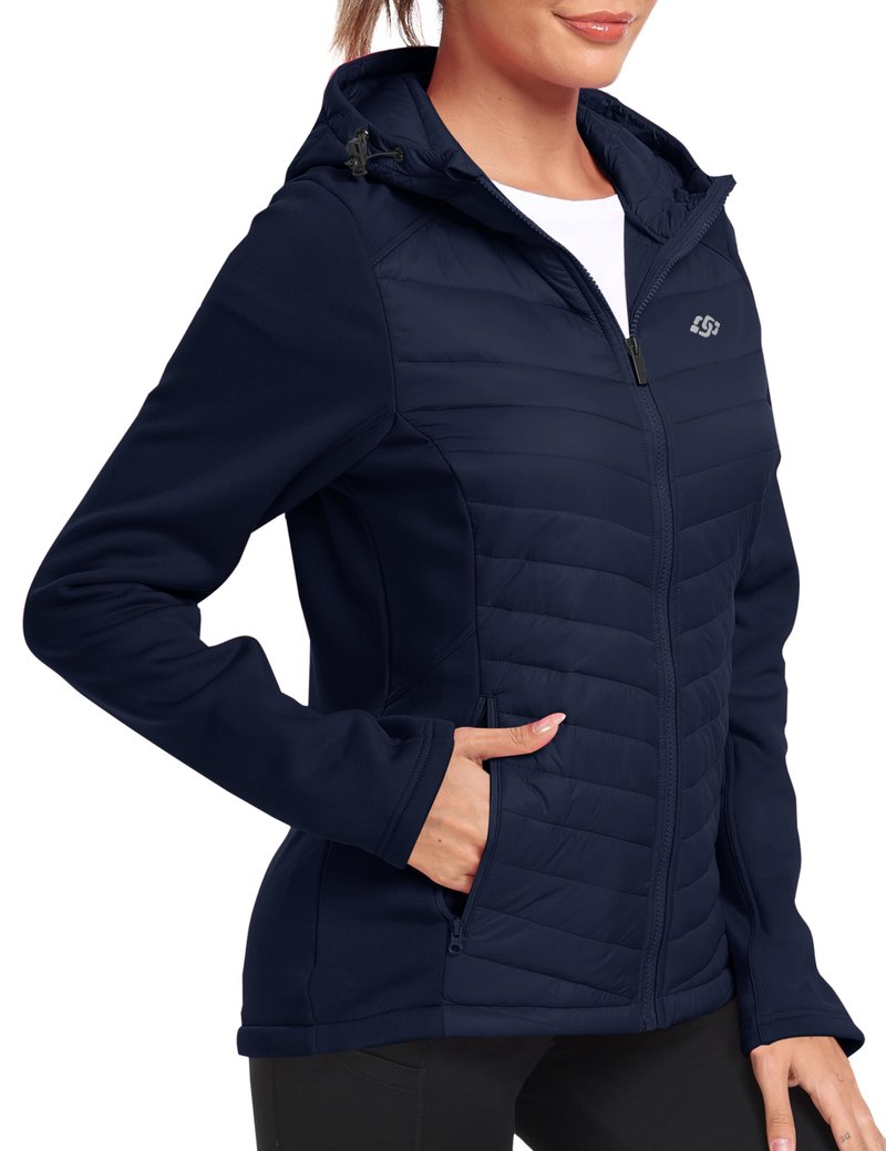MoFiz Women's Insulated Running Jackets Puffer Hybrid Down Jacket Hiking Stretch Zip Pockets Fleece Lined with Hoodie Cold Weather Navy M
