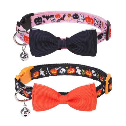 PUPTECK Halloween Bowtie Dog Collar with Bell 2 Packs, Adjustable Breakaway Puppy Collar, Sweet Gift for Small Dogs Pets, 11.8-15.7 in