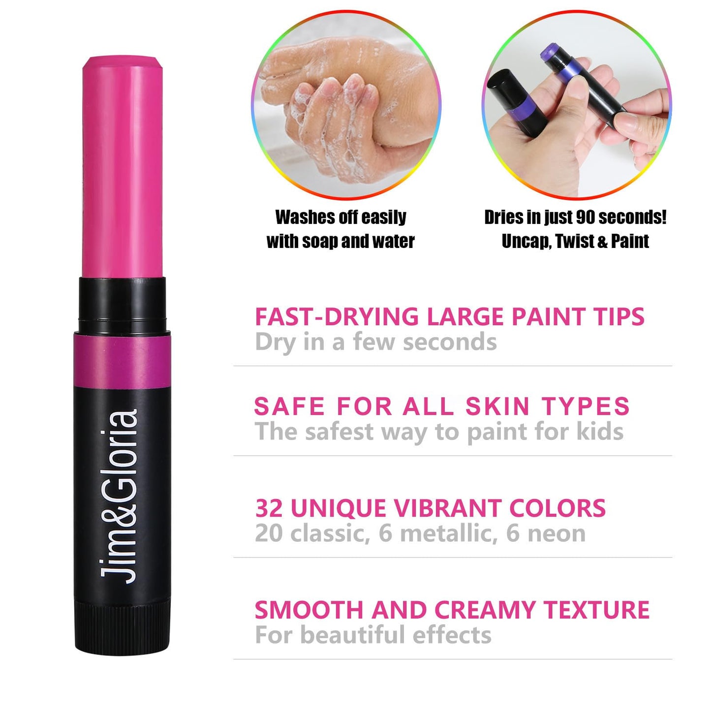 Jim&Gloria Water Based Face Paint Sticks Bulk 32 Professional Face Painting Kit for Kids Party, Metallic, Neon, Classic Facepaint Crayons, Washable Body Paint Adults Cosplay, Clown, Halloween Makeup