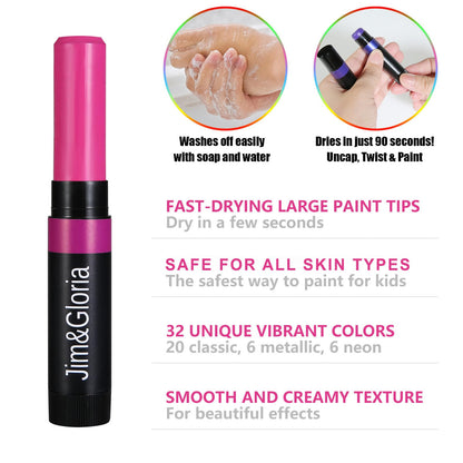 Jim&Gloria Water Based Face Paint Sticks Bulk 32 Professional Face Painting Kit for Kids Party, Metallic, Neon, Classic Facepaint Crayons, Washable Body Paint Adults Cosplay, Clown, Halloween Makeup