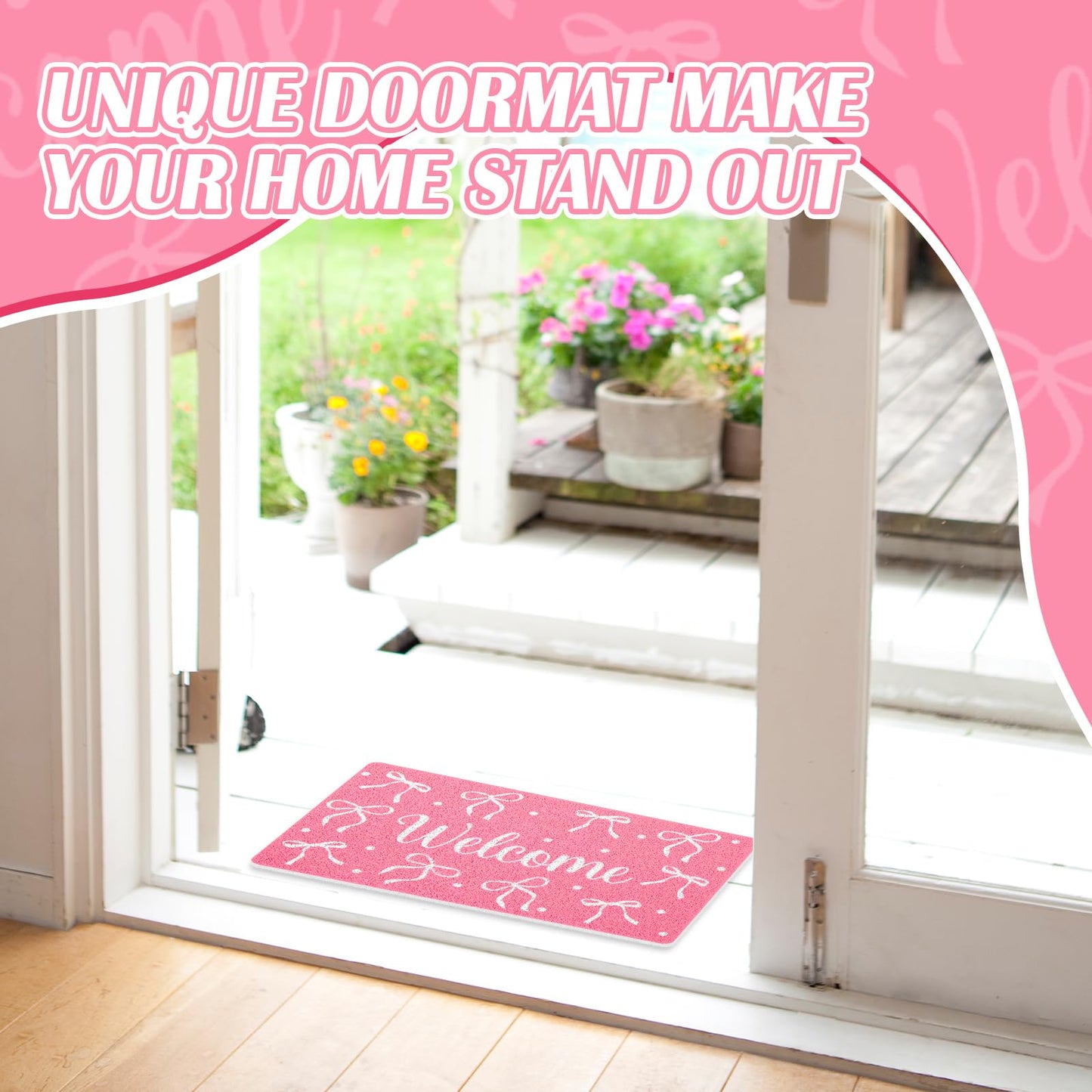 Mindsoft Pink Welcome Mat Bow Front Door Mat for Girls Home Decor Princess Coquette Rug 18 x 30 Inch Sweet Home Indoor Holiday Decoration