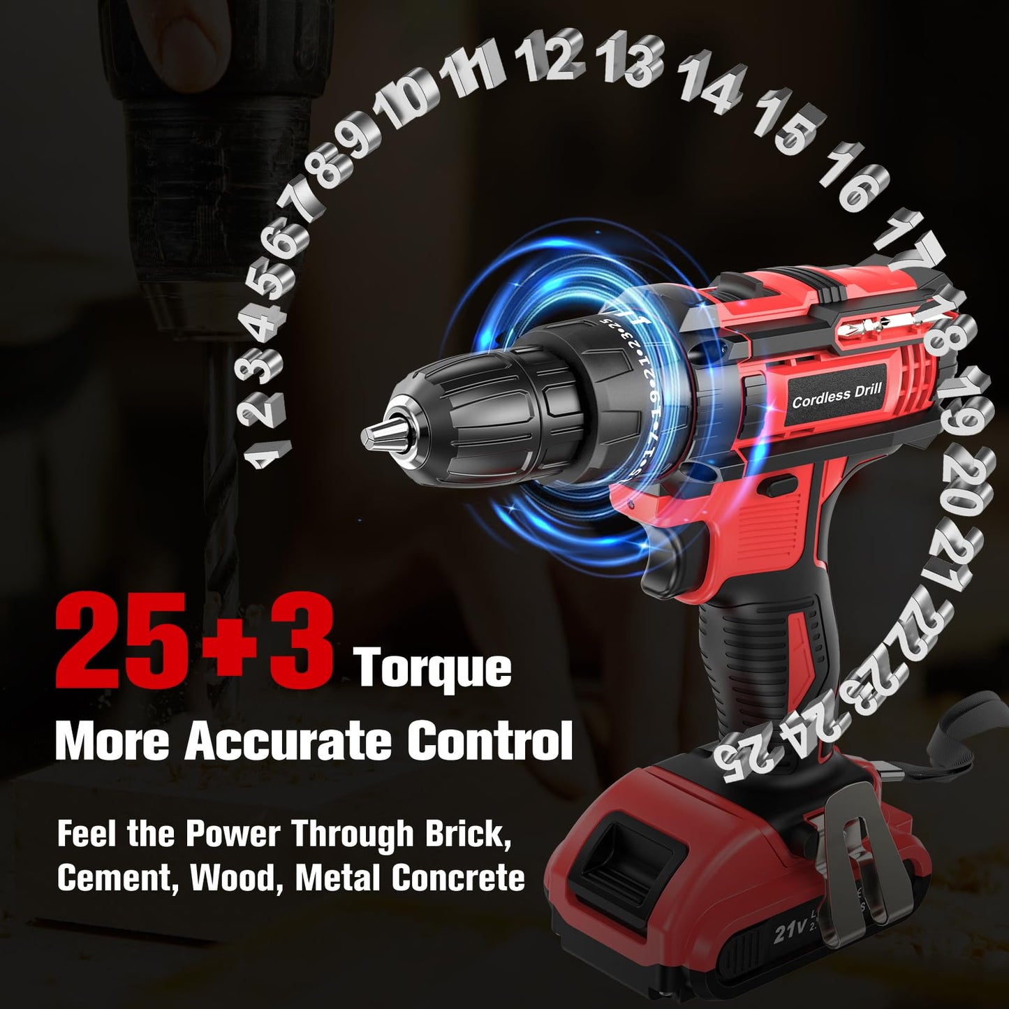 Cordless Drill Driver 21V, Cordless Hammer Drill with Battery 2000mAh, 25+3 Torque, 42N.m Max, 22PCS Accessories, 2 Speed, LED Light