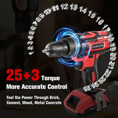 Cordless Drill Driver 21V, Cordless Hammer Drill with Battery 2000mAh, 25+3 Torque, 42N.m Max, 22PCS Accessories, 2 Speed, LED Light