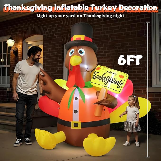 FunFanso 6 FT Thanksgiving Inflatable Turkey Outdoor Decoration, Blow Up Turkey with Pilgrim Hat and Colorful Tail, Holding Happy Thanksgiving Sign, Built-in LED Light for Autumn Holiday Harvest Party
