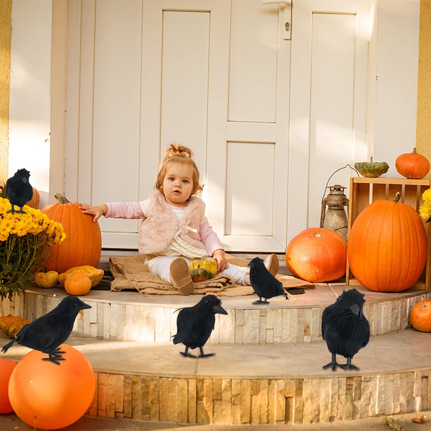 FUNPENY Halloween Black Feathered Crows, Lifelik Halloween Decoration Birds with Real Feather (6 Pack)