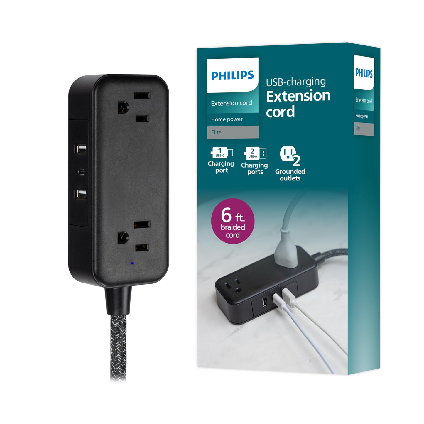 Philips 6 Outlet Power Strip Surge Protector, 6 Ft Power Cord, Designer Braided Extension Cord, Flat Plug, Perfect for Office or Home Décor, 1080 Joules, White, SPC3054WA/37