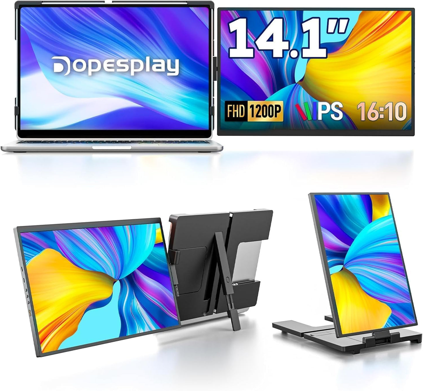 Laptop Screen Extender, 14" FHD 1200P IPS External Portable Monitor for Laptop, Plug & Play Dual Screen Monitor for 14"-17" Laptops, Compatible with Mac, Wins, Chrome, Android, Dex