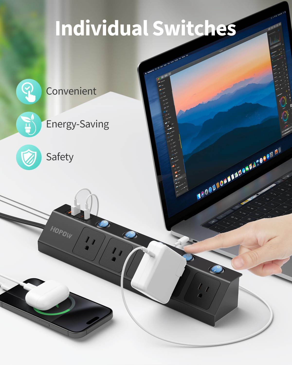 Flat Plug Power Strip with Individual Switches, 10 Ft Ultra Thin Flat Extension Cord, 5-Outlet Surge Protector with 2 USB-C (20W PD) & 2 USB-A, 1700 Joules, Wall Mount for Home Office, Black