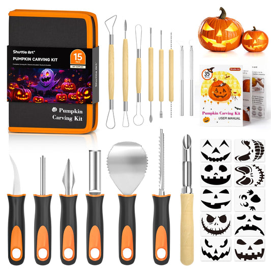 25 PCS Halloween Pumpkin Carving Kit, Shuttle Art 15 PCS Professional Premium Quality Stainless Steel Pumpkin Carving Tools with 10 Pumpkin Stencils Carrying Case for Kids Adults Sculpting and Carving