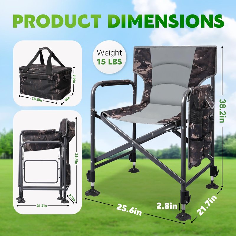 FUNHORUN Fishing Chair with Rod Holder, Folding Heavy Duty Ice Fishing Camping Chair with Liftable Cooler Bag, Cup Holder, Adjustable Legs
